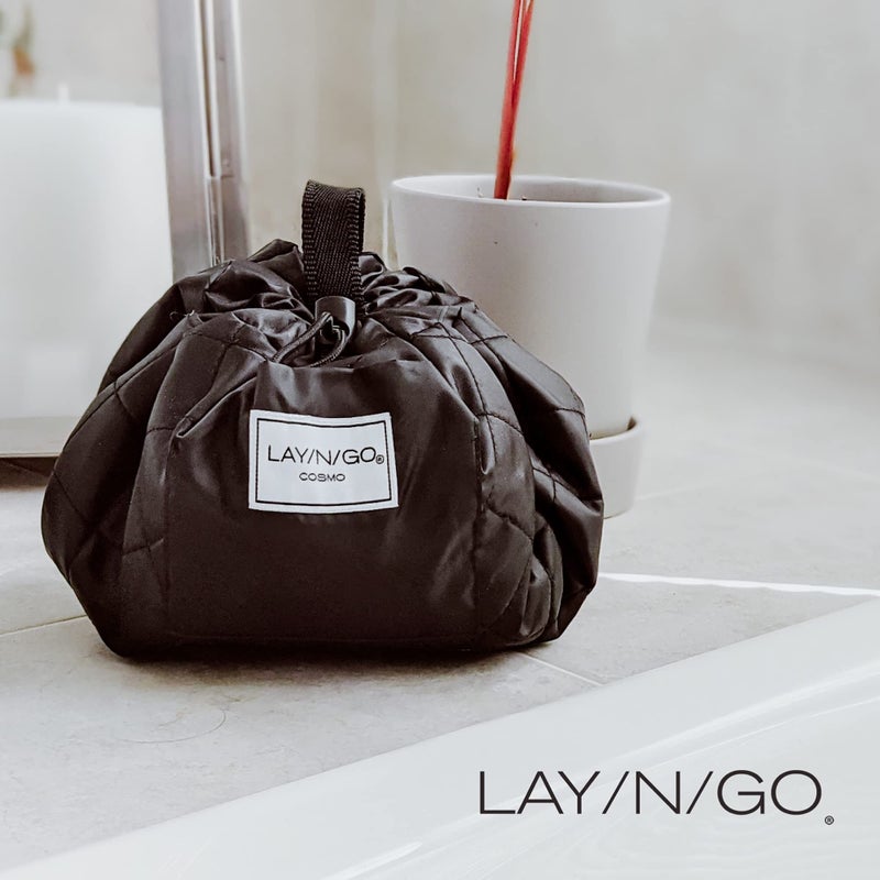 Lay-n-Go Cosmo Drawstring Cosmetic & Makeup Bag Organizer - Portable Drawstring Makeup Bag w/Zipper Pocket  Makeup Loops & More - Durable  Machine Washable Toiletry Bag for Travel (20""  Lips/Black) - Image 2
